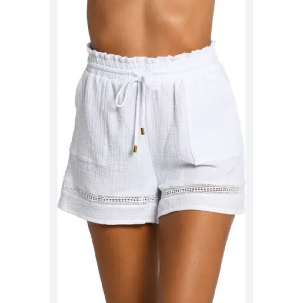 La Blanca White Cotton Beach Cover Up Shorts Medium Resort Swim Boho Flaw